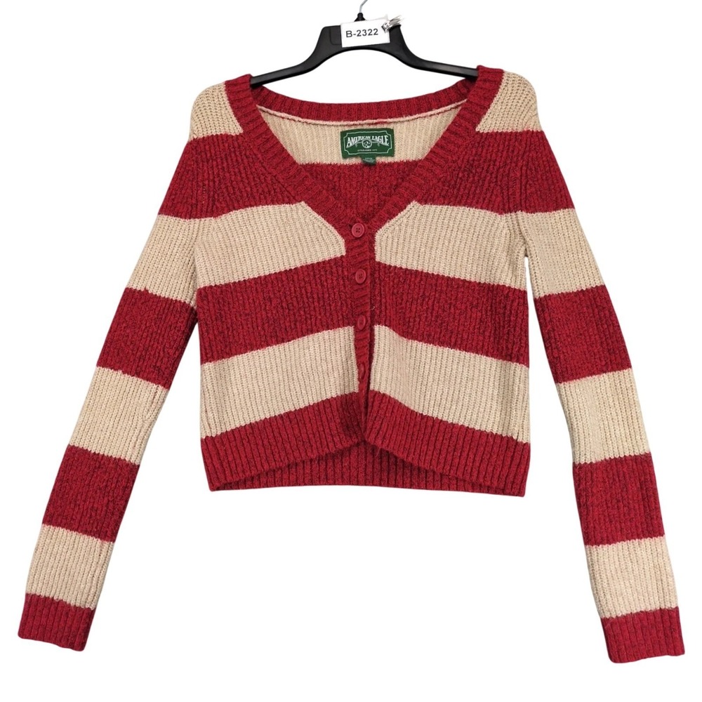 American Eagle Red Tan Striped Cardigan Sweater Womens S Cropped Retro Preppy